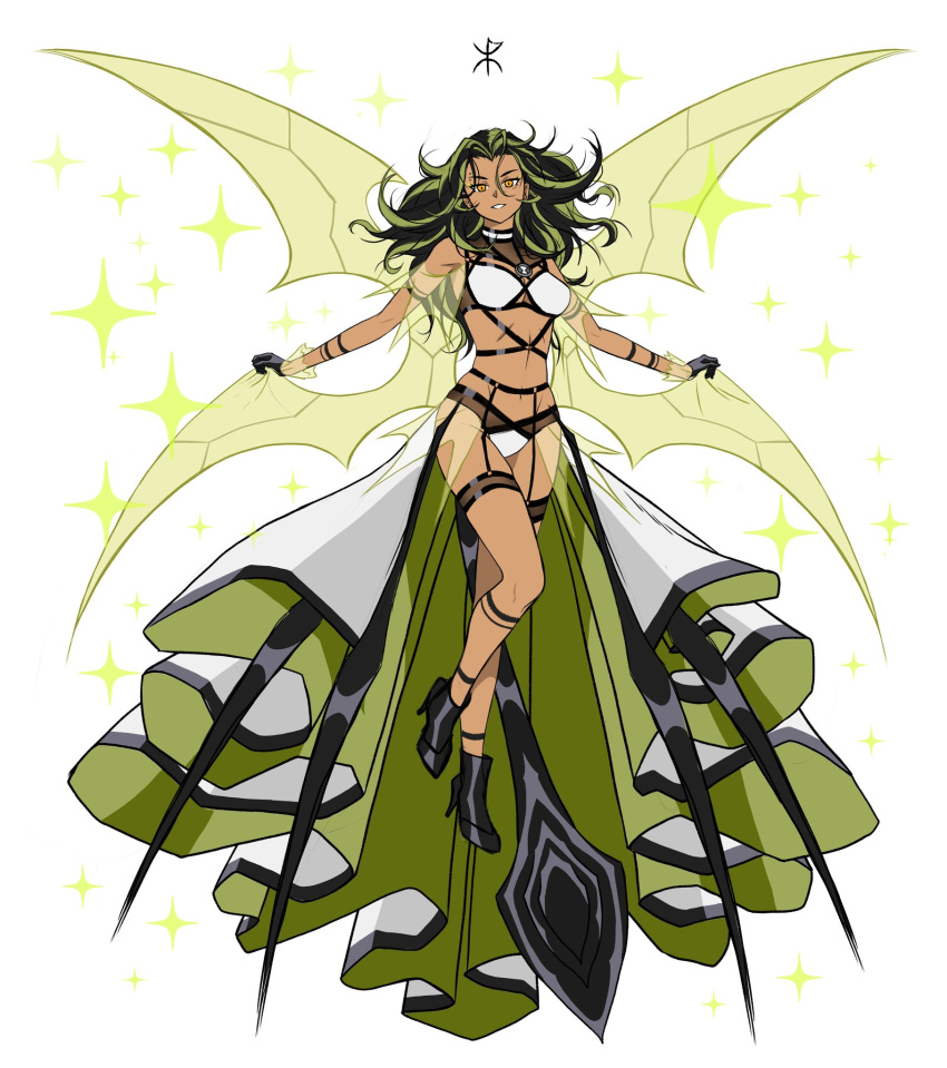 1girl alien apoloniodraws ben_10 breasts glitter high_heels highres insect_girl insect_wings lingerie multicolored_hair omnitrix piercing spikes stinger stinkfly underwear wings yellow_eyes