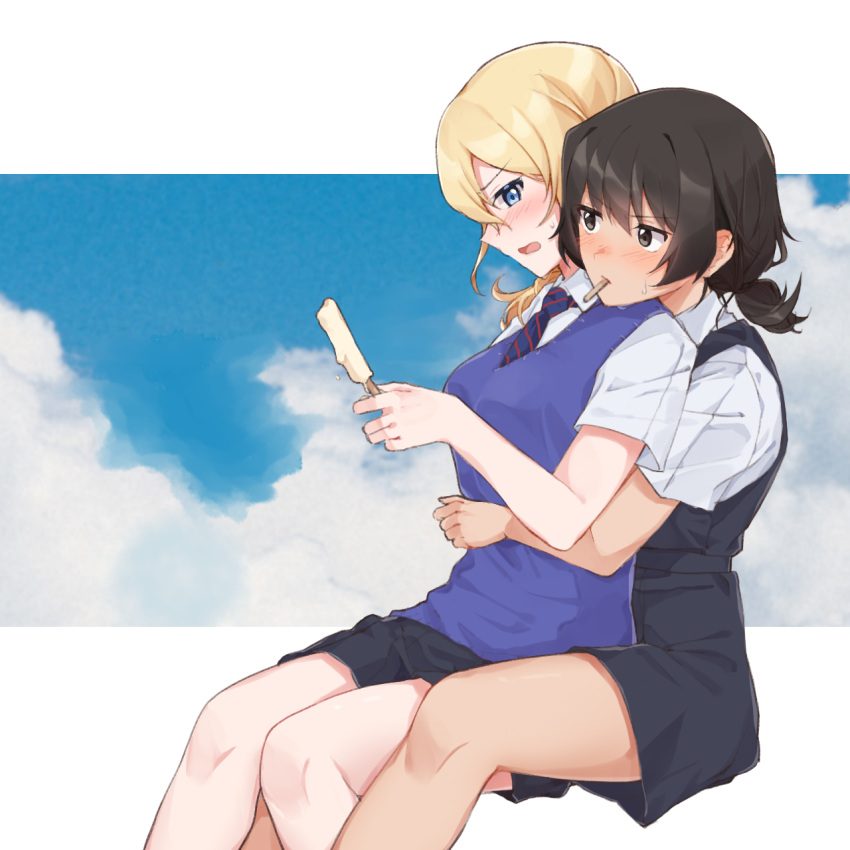 2girls adapted_uniform andou_(girls_und_panzer) bangs bc_freedom_school_uniform black_dress black_hair blue_neckwear blue_sky blue_sweater blush brown_eyes closed_mouth clouds cloudy_sky commentary dark_skin diagonal-striped_neckwear diagonal_stripes dress dress_shirt food food_in_mouth frown girls_und_panzer highres holding hug hug_from_behind invisible_chair letterboxed looking_at_another medium_hair messy_hair mouth_hold multiple_girls necktie open_mouth oshida_(girls_und_panzer) pinafore_dress pleated_dress popsicle popsicle_stick school_uniform sesame_(sesame_mas) shirt short_dress short_ponytail sitting sky striped striped_neckwear summer_uniform sweat sweater sweater_vest v-neck white_shirt wing_collar