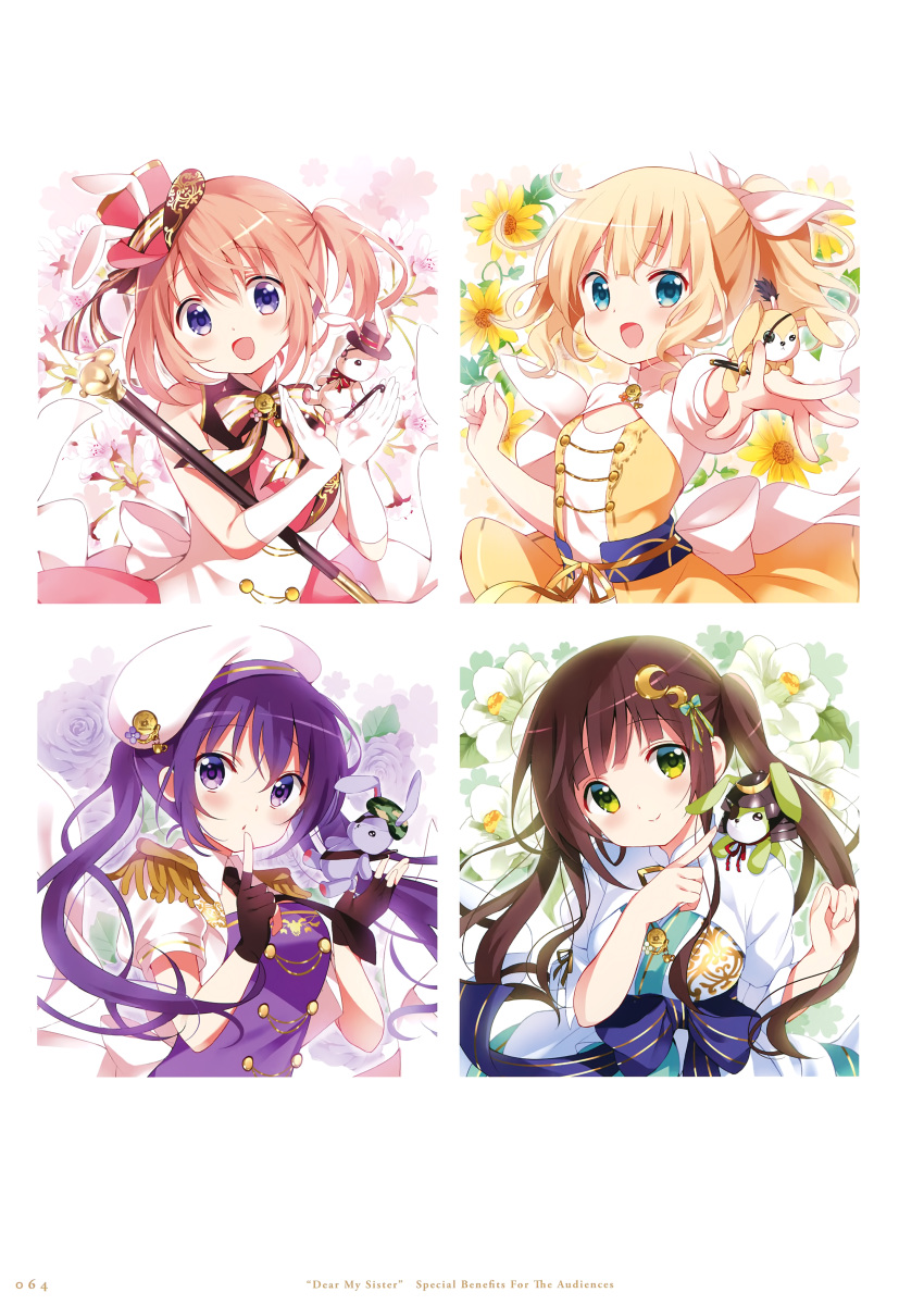 4girls :d absurdres aqua_eyes bangs black_gloves blonde_hair blush bow brown_hair closed_mouth crescent crescent_hair_ornament dress elbow_gloves eyebrows_visible_through_hair fingerless_gloves flat_chest floating_hair flower gloves gochuumon_wa_usagi_desu_ka? green_eyes hair_bow hair_ornament hat head_tilt highres hoto_cocoa index_finger_raised kirima_sharo koi_(koisan) light_brown_hair long_hair looking_at_viewer multiple_girls open_mouth outstretched_arm outstretched_hand pink_headwear ponytail purple_hair purple_shirt shiny shiny_hair shirt short_sleeves side_ponytail smile stuffed_animal stuffed_toy tedeza_rize ujimatsu_chiya upper_body very_long_hair violet_eyes white_bow white_flower white_gloves white_headwear yellow_dress yellow_flower