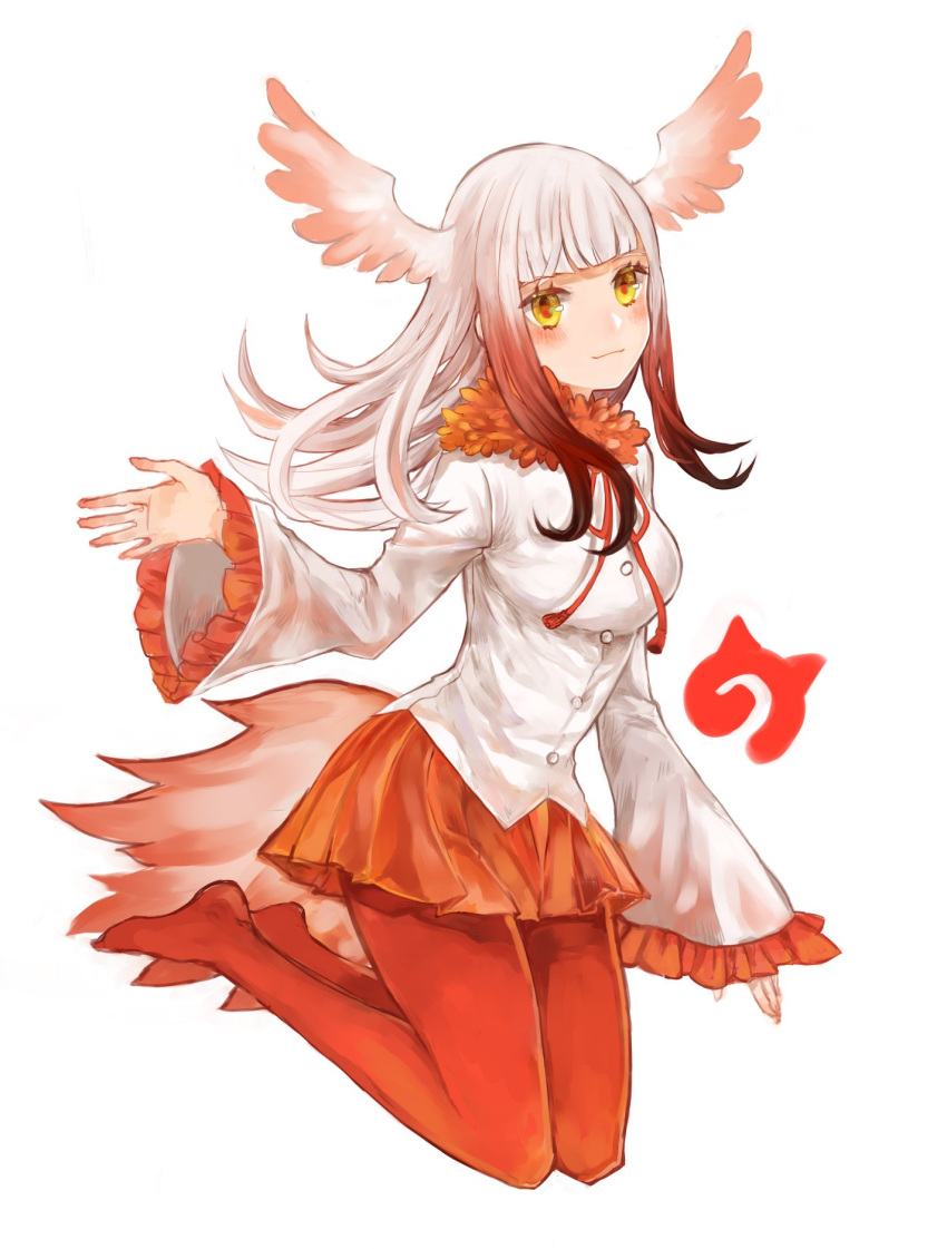 1girl 96no bangs bird_girl bird_tail bird_wings blush buttons commentary_request frilled_sleeves frills full_body fur_collar head_wings highres japanese_crested_ibis_(kemono_friends) japari_symbol kemono_friends long_hair multicolored_hair neck_ribbon no_shoes pantyhose pleated_skirt red_fur red_legwear red_neckwear red_skirt redhead ribbon shirt sidelocks skirt solo white_hair white_shirt wings yellow_eyes