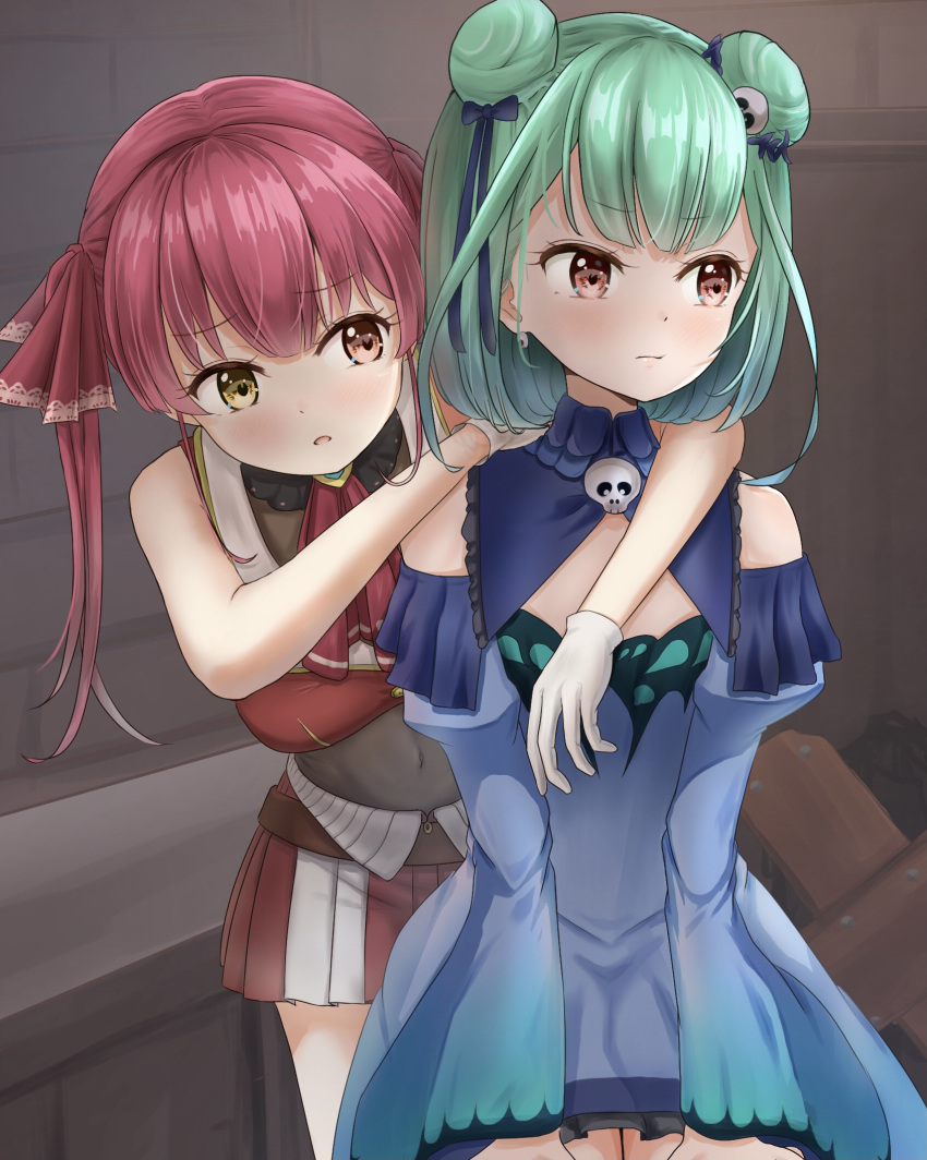 2girls arm_across_chest arm_on_shoulder asakura_(asa_t77) bangs blue_dress bodysuit breasts commentary_request cowboy_shot cravat detached_sleeves double_bun dress expressionless eyebrows_visible_through_hair flat_chest green_hair grey_background hair_ornament hair_ribbon heterochromia highres hololive houshou_marine leaning_forward leaning_on_person long_sleeves looking_to_the_side medium_breasts multiple_girls parted_lips pleated_skirt red_eyes red_neckwear red_vest redhead ribbon short_hair skirt skull_hair_ornament two-tone_skirt two_side_up uruha_rushia vest virtual_youtuber yellow_eyes