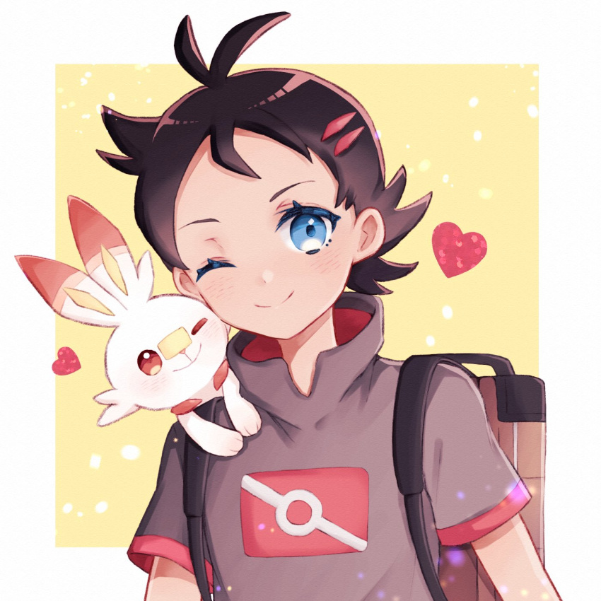 1boy antenna_hair backpack bag blue_eyes blush brown_bag brown_hair closed_mouth commentary_request eyelashes gen_8_pokemon goh_(pokemon) head_tilt heart highres male_focus on_shoulder one_eye_closed pokemon pokemon_(anime) pokemon_(creature) pokemon_on_shoulder pokemon_swsh_(anime) scorbunny seri_813 short_hair short_sleeves smile starter_pokemon