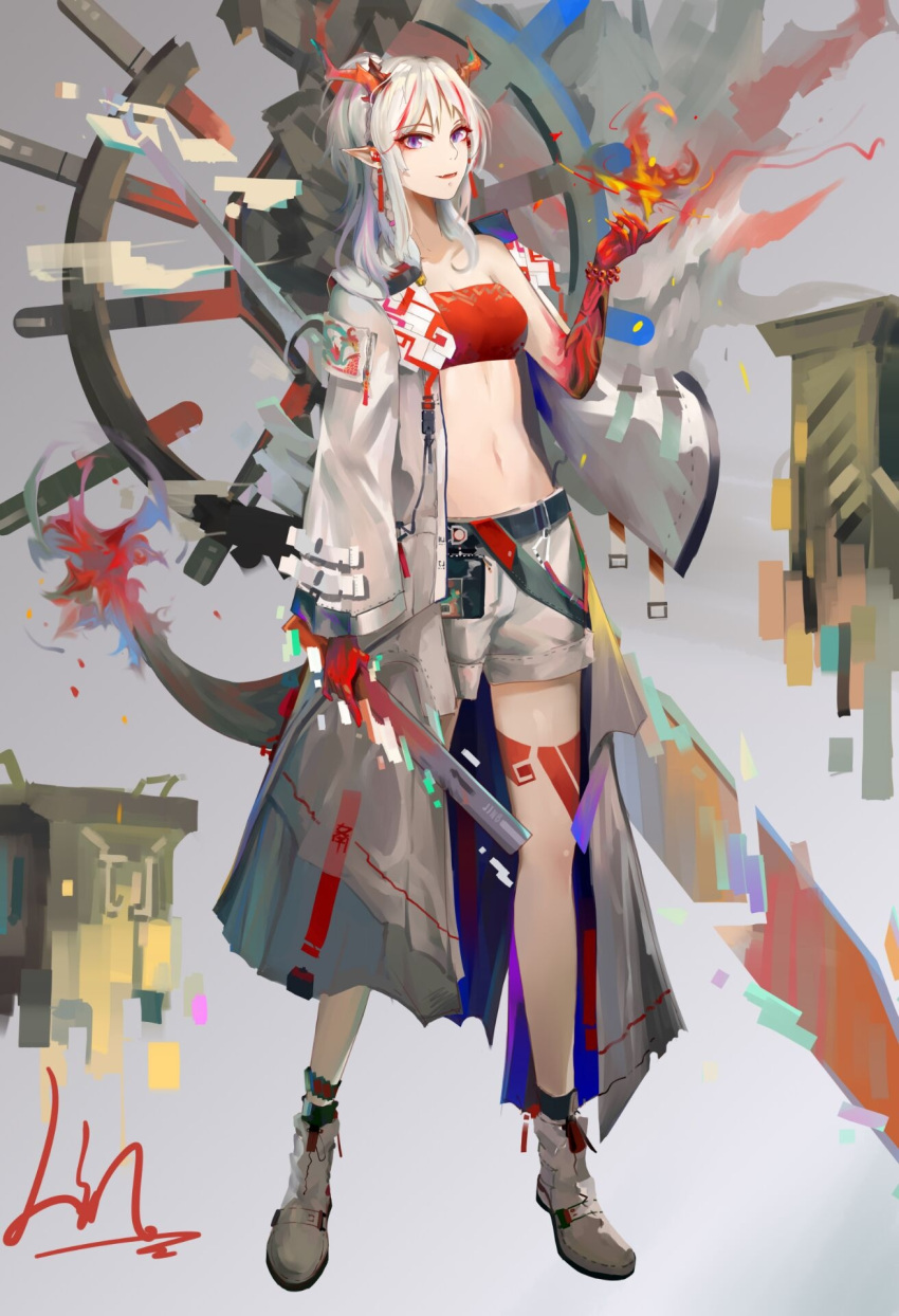 1girl arknights bandeau bangs bare_legs bead_bracelet beads bracelet breasts commentary full_body grey_background grey_footwear hand_up highres horns jewelry linjianga_lin long_hair looking_at_viewer midriff navel nian_(arknights) pointy_ears shoes shorts silver_hair small_breasts smile solo standing stomach strapless tail tubetop violet_eyes white_shorts