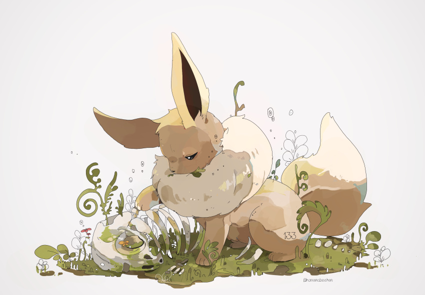 absurdres animal_focus artist_name black_sclera colored_sclera commentary_request eevee flower from_side full_body gen_1_pokemon grass grey_background half-closed_eyes hand_up highres kamonabe_(kamonabeekon) looking_down moss no_humans number orange_flower plant pokedex_number pokemon pokemon_(creature) red_flower sad simple_background skeleton skull solo twitter_username watermark white_eyes