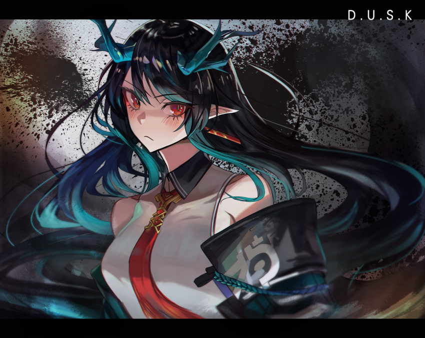 arknights bangs black_hair coat dragon_horns dusk_(arknights) earrings fkskii65 horns jewelry long_hair necktie open_clothes open_coat pointy_ears red_eyes shirt white_shirt