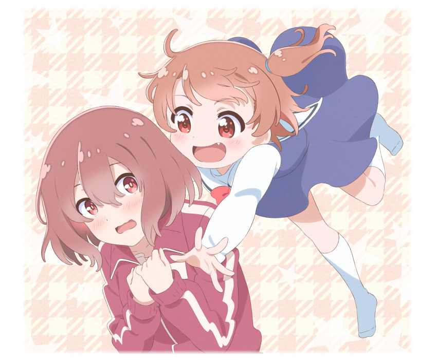 2girls :d bangs blue_dress border brown_hair checkered checkered_background commentary decocharaseal dress eyebrows_visible_through_hair fang hair_between_eyes hands_up happy highres hoshino_hinata hoshino_miyako_(wataten) jacket jumping looking_at_another looking_at_viewer midair multiple_girls no_shoes open_mouth outstretched_arms red_eyes red_jacket sailor_collar sailor_dress school_uniform shirt short_hair siblings side_ponytail sisters smile starry_background track_jacket watashi_ni_tenshi_ga_maiorita! wavy_mouth white_border white_legwear white_sailor_collar white_shirt