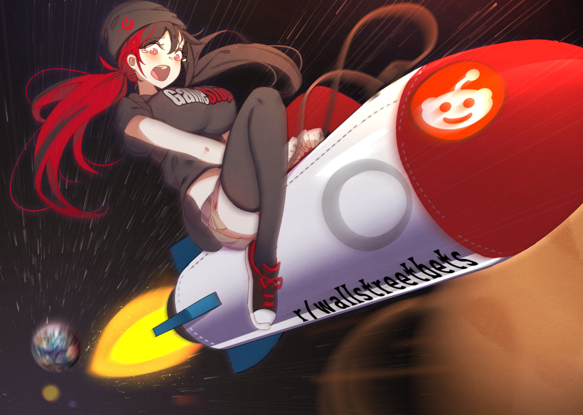 1girl absurdres at2. black_hair black_headwear black_legwear black_shirt breasts earth_(planet) english_commentary gamestop highres impossible_clothes impossible_shirt large_breasts looking_down merryweather multicolored_hair open_mouth personification planet red_eyes reddit redhead riding rocket shirt shoes solo space star_(sky) tearing_up thigh-highs twintails two-tone_hair