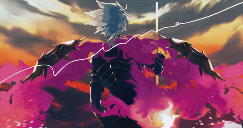 1boy armor choker colored_skin fate/grand_order fate_(series) fire hand_on_hip highres holding holding_weapon karna_(fate) male_focus masuo1992 multicolored multicolored_skin two-tone_skin upper_body weapon white_hair