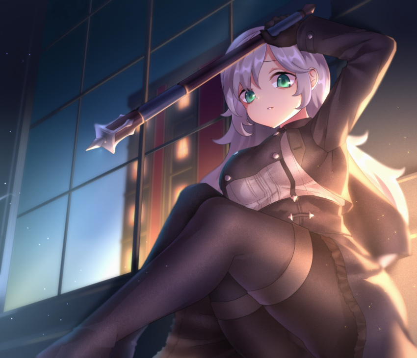 1girl arm_up breasts building commentary_request gloves green_eyes highres holding holding_weapon large_breasts long_hair long_sleeves looking_at_viewer mace neit_ni_sei original panties pantyhose pantyshot pleated_skirt purple_hair reflection sitting skirt solo underwear weapon