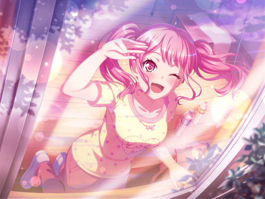 bang_dream! blush maruyama_aya official_art pink_eyes pink_hair shirt short_hair twintails wink