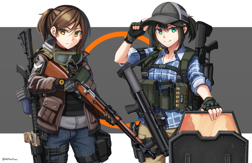 &gt;:) 2girls arm_up bangs black_gloves blue_pants blue_shirt brown_eyes brown_hair brown_jacket brown_pants character_request closed_mouth collared_shirt commentary dress_shirt english_commentary eyebrows_visible_through_hair fingerless_gloves gloves goggles goggles_around_neck green_eyes grey_background grey_shirt gun hair_between_eyes hand_on_headwear handgun highres holding holding_gun holding_weapon holster jacket multiple_girls ndtwofives open_clothes open_jacket pants pistol plaid plaid_shirt ponytail rifle riot_shield shirt short_hair short_sleeves sidelocks smile tom_clancy's_the_division two-tone_background v-shaped_eyebrows weapon weapon_on_back weapon_request white_background