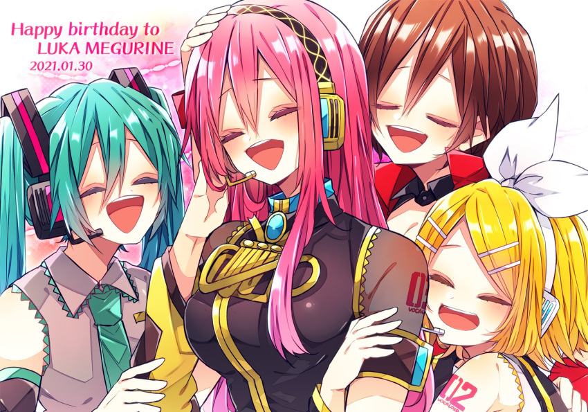 4girls aqua_hair aqua_neckwear arm_hug armband bangs bare_shoulders black_shirt black_sleeves blonde_hair bow brown_hair character_name closed_eyes commentary dated detached_sleeves gold_trim grey_shirt hair_bow hair_ornament hairclip hand_on_another's_head happy_birthday hatsune_miku headphones headset highres kagamine_rin kaho_0102 long_hair megurine_luka meiko multiple_girls necktie open_mouth petting pink_hair red_shirt shirt short_hair short_sleeves shoulder_tattoo single_arm_warmer sleeveless sleeveless_shirt smile swept_bangs tattoo twintails upper_body vocaloid white_bow