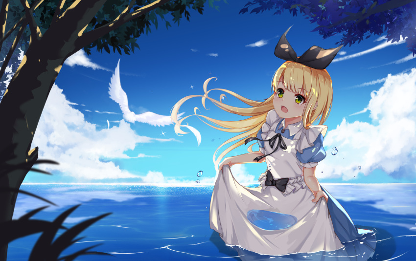 1girl absurdres aoman_de_cangshu apron bangs bird black_bow blonde_hair blue_dress bow clouds dress eyebrows_visible_through_hair fang floating_hair frills grass green_eyes hair_bow hair_ribbon hands_up highres holding holding_clothes in_water leaf lifted_by_self long_hair mononobe_alice nijisanji ocean open_mouth puffy_sleeves ribbon short_sleeves skin_fang skirt skirt_lift sky solo tree virtual_youtuber water water_drop