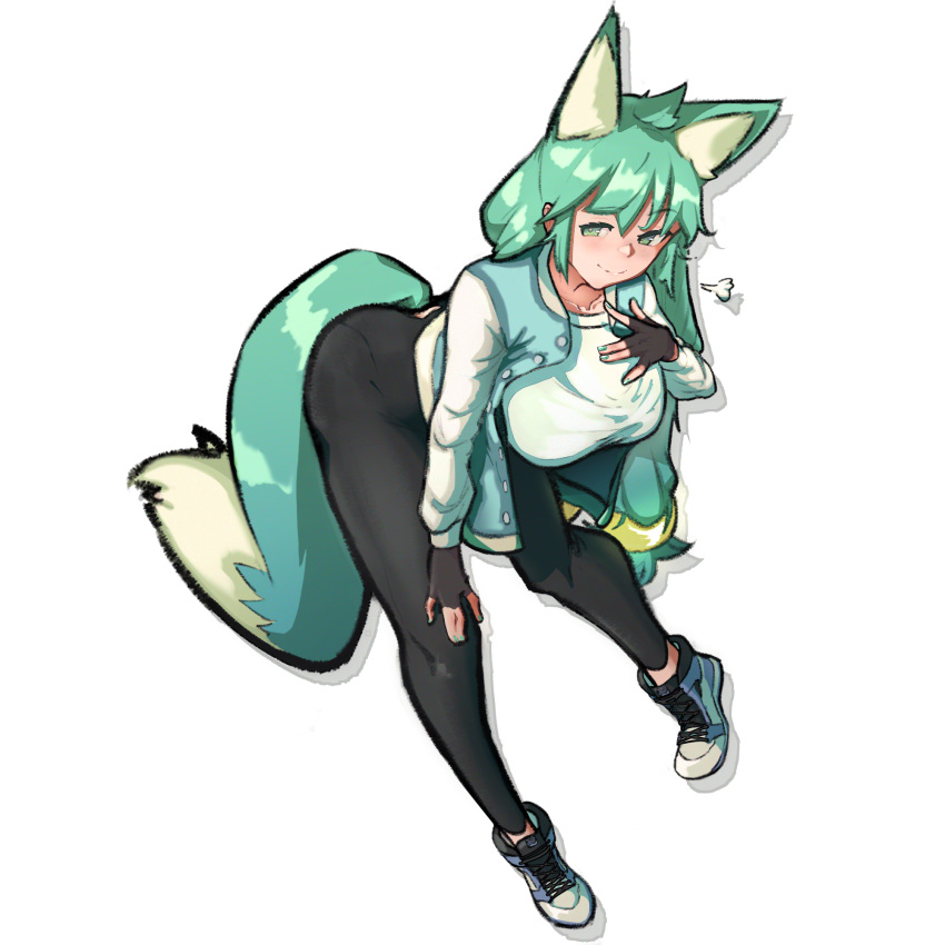 1girl animal_ear_fluff animal_ears black_gloves black_pants blue_footwear blue_jacket boots breasts fingerless_gloves fingernails fox_ears fox_girl fox_tail gloves green_eyes green_hair green_tail hair_ornament hair_rings highres jacket long_hair long_tail open_clothes open_jacket original pants psuedomiracle shirt solo tail white_background white_shirt yoga_pants