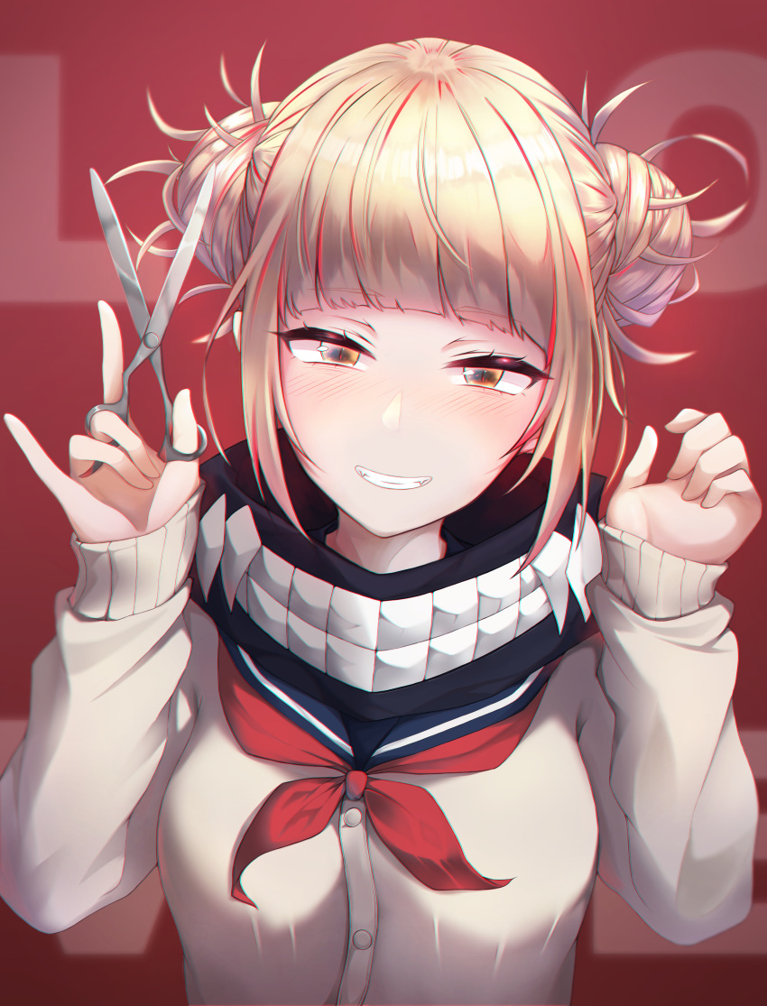 1girl absurdres bangs blonde_hair blunt_bangs blush boku_no_hero_academia breasts cardigan double_bun eyebrows_visible_through_hair fangs hands_up highres holding holding_scissors infinity_(kkx132) large_breasts long_sleeves looking_at_viewer messy_hair open_mouth red_background school_uniform scissors serafuku short_hair simple_background smile solo teeth toga_himiko yandere yellow_eyes