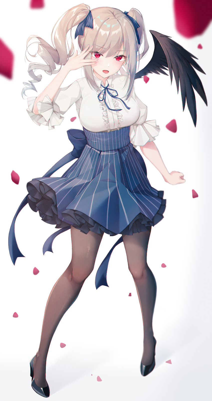 1girl absurdres black_footwear black_legwear black_wings blue_bow blue_neckwear blue_skirt bow center_frills clenched_hand collared_shirt curly_hair eyebrows_visible_through_hair feathered_wings frilled_skirt frilled_sleeves frills full_body hair_bow hand_up highres idolmaster idolmaster_cinderella_girls infinity_(kkx132) kanzaki_ranko long_hair looking_at_viewer neck_ribbon open_mouth pantyhose petals red_eyes ribbon ringlets shirt single_wing skirt solo standing striped striped_bow striped_skirt twintails white_hair white_shirt wings