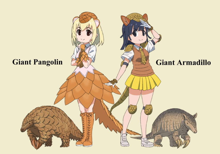 2girls armadillo armadillo_ears armadillo_tail bangs beige_background black_eyes black_hair blonde_hair boots brown_footwear brown_gloves brown_headwear brown_neckwear brown_sweater character_name commentary_request cross-laced_footwear dress_shirt elbow_pads english_text flat_cap giant_armadillo_(kemono_friends) giant_pangolin_(kemono_friends) gloves grey_footwear half_gloves hat highres kemono_friends knee_boots knee_pads lace-up_boots looking_at_viewer medium_hair miniskirt multiple_girls namesake necktie no_socks pangolin pangolin_ears pangolin_tail pleated_skirt shirt shoes short_hair short_sleeves simple_background skirt sneakers standing sweater sweater_vest white_gloves white_shirt wing_collar yamaguchi_yoshimi yellow_skirt