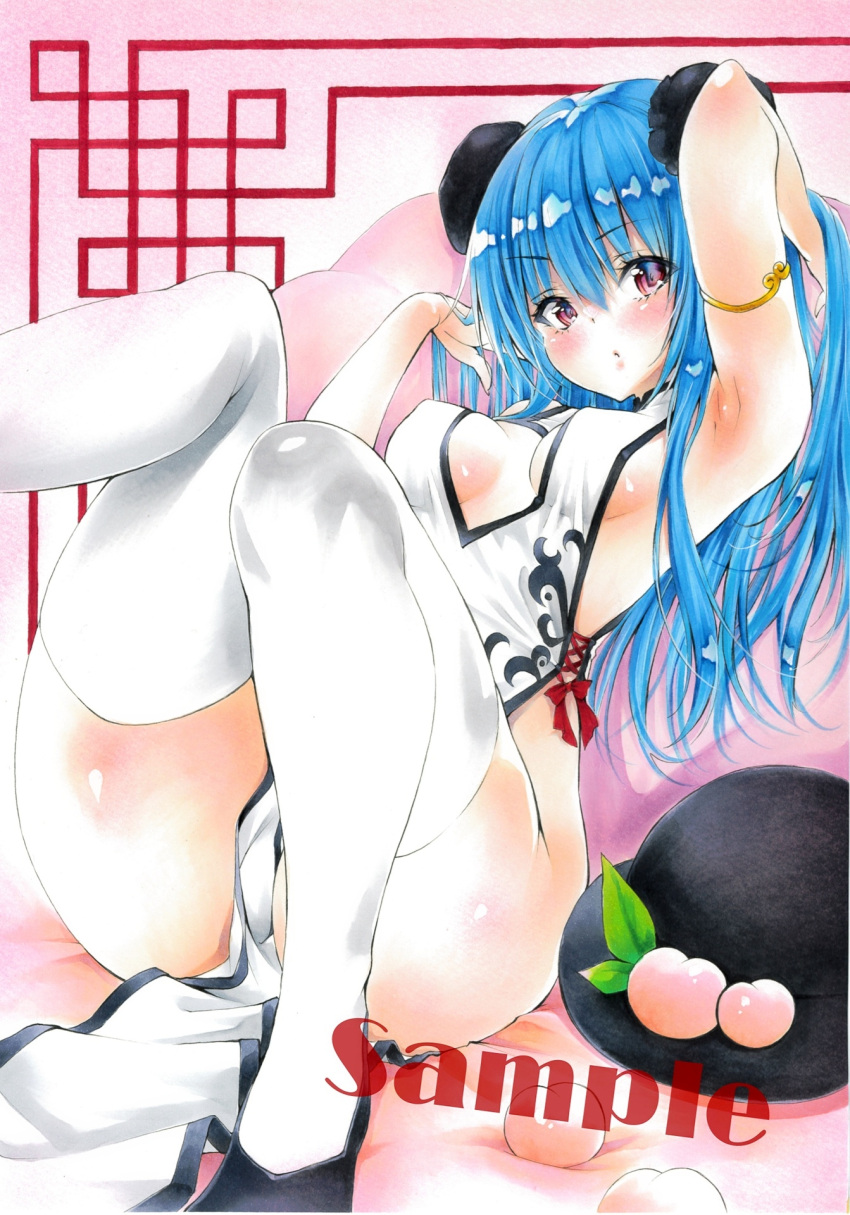 1girl alternate_costume arim0k0 arm_up armpits bangs black_footwear black_headwear blue_hair blush body_blush breasts bun_cover china_dress chinese_clothes commentary_request double_bun dress eyebrows_visible_through_hair food foot_out_of_frame fruit hat highres hinanawi_tenshi leaf long_hair looking_at_viewer medium_breasts no_bra no_panties open_mouth patterned_background peach pink_background reclining red_eyes sample shiny shiny_hair shoes sideboob solo thigh-highs thighs touhou traditional_media white_dress white_legwear