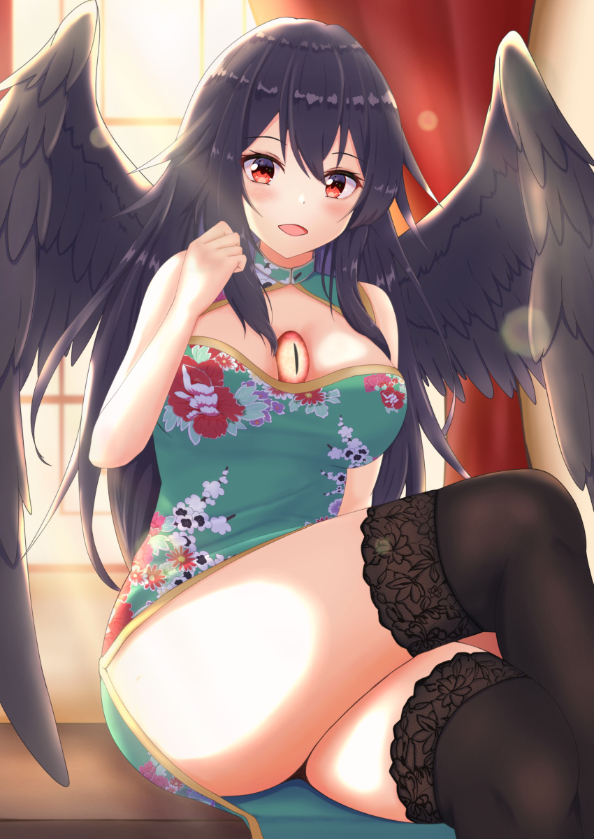 1girl absurdres alternate_costume bare_arms bare_shoulders bird_wings black_hair black_legwear black_wings blush breasts center_opening china_dress chinese_clothes commentary_request crossed_legs dress floral_print hair_between_eyes hand_up highres indoors kneehighs large_breasts long_hair looking_at_viewer o1118 open_mouth print_dress red_eyes reiuji_utsuho sitting sleeveless sleeveless_dress slit_pupils smile solo thighs third_eye touhou very_long_hair window wings