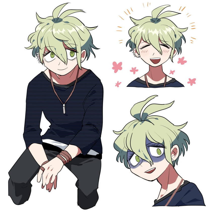 1boy :d amami_rantarou antenna_hair bangs bracelet closed_eyes closed_mouth collarbone commentary_request cropped_legs cropped_shoulders dangan_ronpa_(series) dangan_ronpa_v3:_killing_harmony furukawa_(yomawari) green_eyes green_hair hair_between_eyes highres invisible_chair jewelry looking_at_viewer male_focus multiple_views necklace open_mouth pants shaded_face shiny shiny_hair shirt short_hair simple_background sitting smile striped striped_shirt upper_teeth white_background