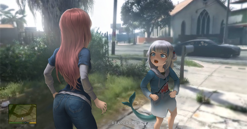 2girls ass bangs black_nails blunt_bangs can_a_loc_come_up_in_your_crib? car clenched_hands cosplay denim fish_tail franklin_clinton franklin_clinton_(cosplay) from_behind gawr_gura grand_theft_auto_v ground_vehicle highres hololive hololive_english hood hoodie infi jeans lamar_davis leaning_forward long_hair looking_up medium_hair minimap mori_calliope motor_vehicle multiple_girls open_mouth pants parody pink_hair scene_reference shark_tail sharp_teeth silver_hair skeleton subtitled tail teeth two_side_up