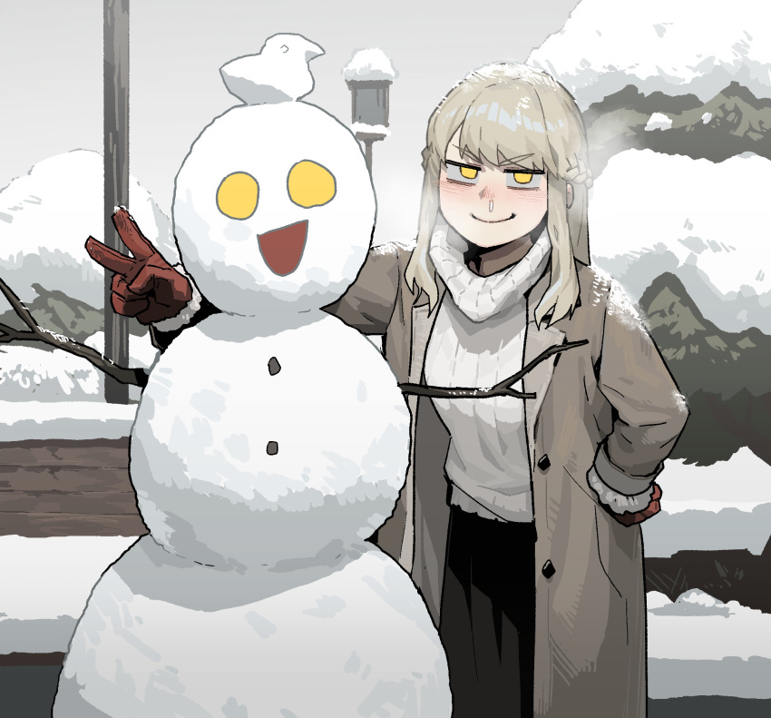 1girl black_skirt blonde_hair blush braid closed_mouth coat cold commentary english_commentary french_braid frozen_snot gloves gogalking grey_coat hand_on_hip highres junior_(gogalking) long_hair looking_at_viewer open_clothes open_coat original outdoors red_gloves sanpaku skirt smile smug snow snow_on_head snowman solo sweater tree v white_sweater winter yellow_eyes