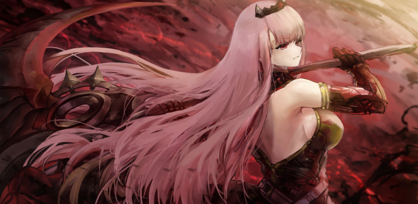 1girl absurdres adapted_costume armor back belt breasts closed_mouth from_side gauntlets highres holding holding_scythe hololive hololive_english large_breasts long_hair mori_calliope over_shoulder pink_hair red_eyes scythe sideboob solo tiara upper_body very_long_hair virtual_youtuber vyragami weapon weapon_over_shoulder wind