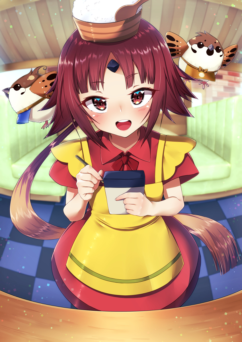 1girl 2others absurdres alternate_costume apron benienma_(fate/grand_order) bird bird_hat blue_apron blush booth bowl brown_apron brown_hair commentary_request demon_girl eyelashes fate/grand_order fate_(series) floor highres indoors kawaruhi long_hair multicolored_hair multiple_others open_mouth ponytail red_eyes redhead restaurant rice rice_bowl rice_spoon smile solo sparrow spoon two-tone_hair waitress yellow_apron youkai