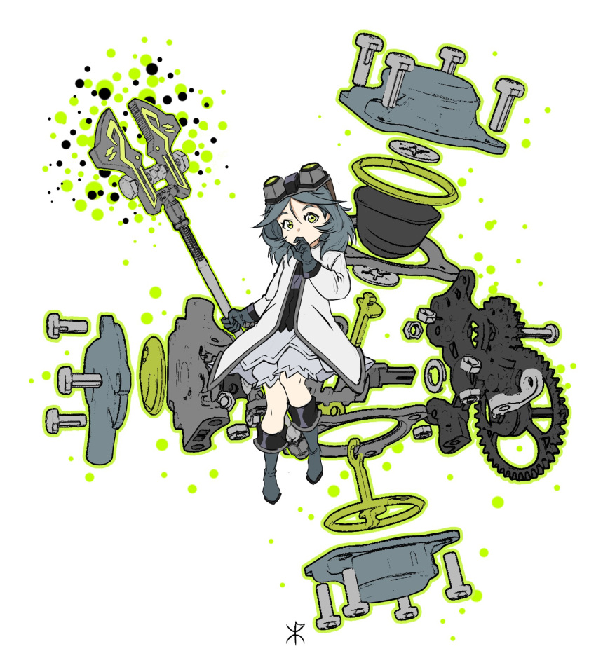 1girl alien apoloniodraws ben_10 coat gloves goggles goggles_on_head green_eyes grey_hair highres telekinesis wrench