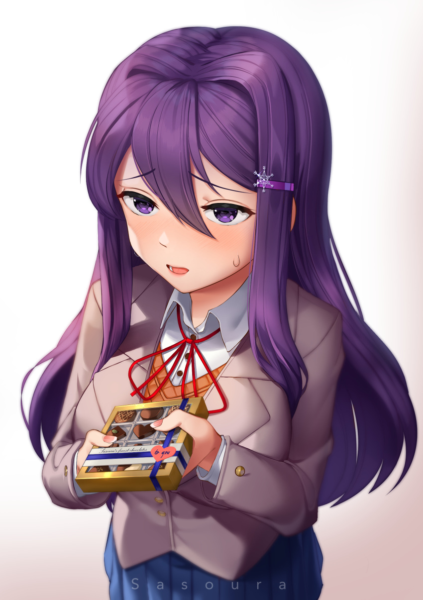 1girl absurdres artist_name bangs blue_skirt blush breasts chocolate commentary doki_doki_literature_club english_commentary eyebrows_visible_through_hair gradient gradient_background grey_background grey_jacket hair_between_eyes hair_ornament hairclip highres jacket large_breasts long_hair neck_ribbon open_mouth purple_hair red_neckwear red_ribbon ribbon sasoura school_uniform shirt simple_background skirt snowflake_hair_ornament solo sweatdrop violet_eyes white_shirt wing_collar yuri_(doki_doki_literature_club)