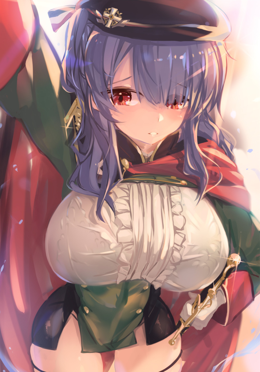 1girl azur_lane beret black_cape black_dress black_headwear bra_through_clothes breasts cape center_frills double-breasted dress eyebrows_visible_through_hair framed_breasts frills gloves green_dress hand_on_hilt hat highres huge_breasts italian_flag long_hair microdress pola_(azur_lane) purple_hair red_cape red_eyes shika_(shika0) skindentation solo taut_clothes taut_dress two-tone_cape two-tone_dress white_gloves