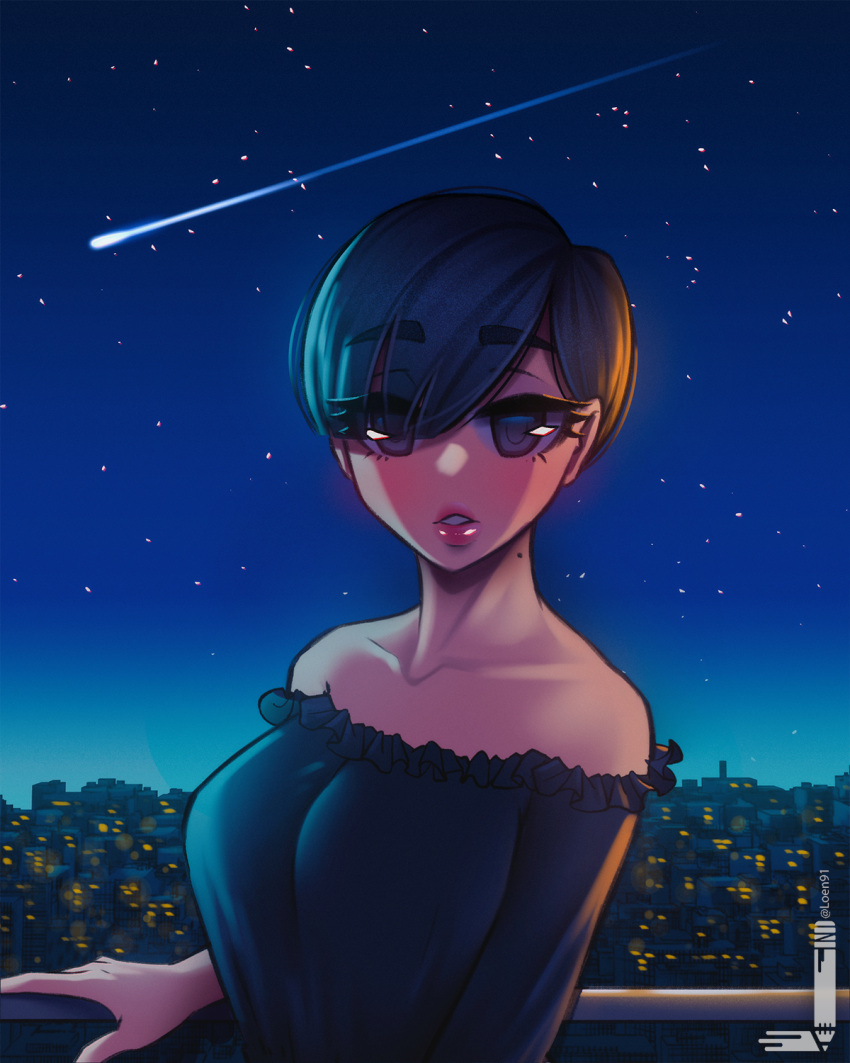 1girl bare_shoulders blue_hair breasts city_lights cityscape commentary english_commentary eyebrows_visible_through_hair eyes_visible_through_hair highres large_breasts lipstick loen looking_at_viewer makeup mole mole_on_neck original parted_lips purple_shirt railing red_lips red_lipstick shirt shooting_star short_hair sky solo star_(sky) starry_sky strapless_shirt twitter_username violet_eyes