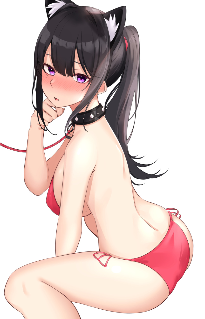 1girl animal_ears back bare_arms bare_shoulders between_legs bikini black_choker black_hair blush breasts cat_ears choker from_side highres ichiki_1 large_breasts leash long_hair looking_at_viewer mole mole_on_breast mole_under_eye nose_blush original parted_lips ponytail red_bikini side-tie_bikini simple_background sitting solo string_bikini swimsuit thighs violet_eyes wariza white_background