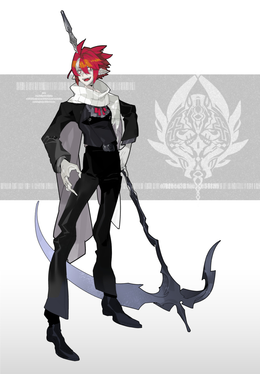 1boy ahoge barcode belt black_footwear character_name earrings fangs film_grain fingernails highres holding holding_scythe holding_weapon jewelry kukicha male_focus open_mouth original pale_skin pinky_ring pointy_ears red_eyes red_neckwear redhead ring scarf scythe slit_pupils smile solo standing tongue vampire weapon white_scarf