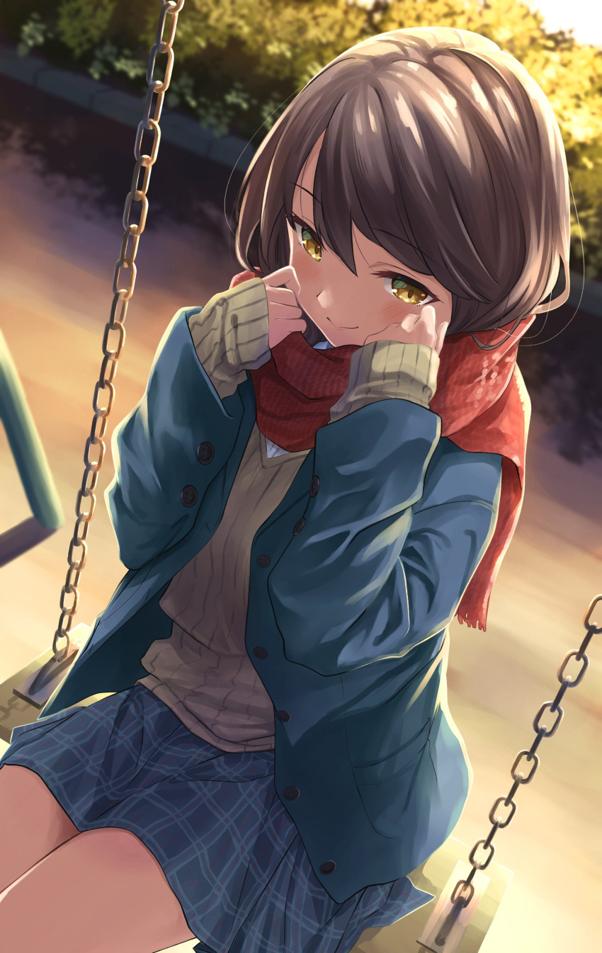 1girl absurdres anno_masato blue_jacket blue_skirt blush brown_hair bush closed_mouth dutch_angle hand_on_own_face highres jacket long_hair long_sleeves looking_down original outdoors plant red_scarf scarf school_uniform sitting skirt smile solo sweater swing swing_set uniform yellow_eyes