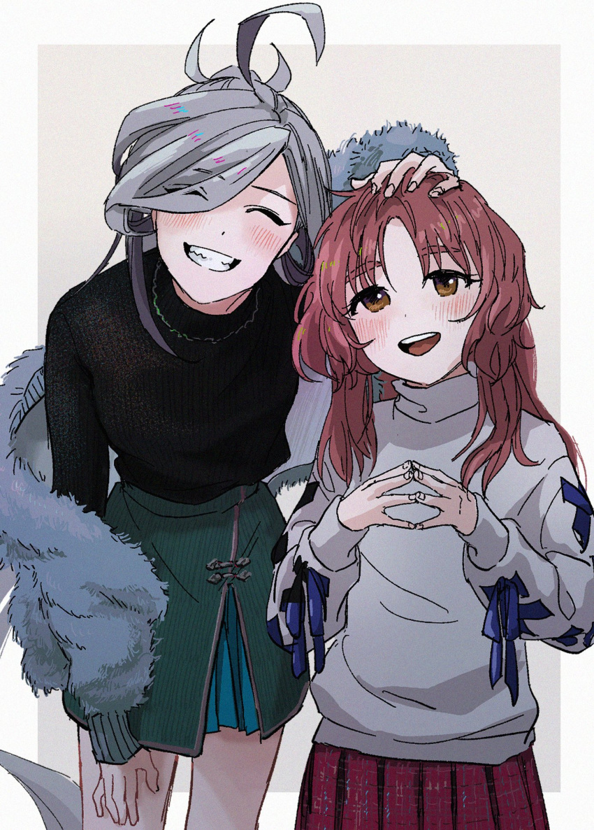 2girls ahoge asashimo_(kantai_collection) bangs black_sweater blush brown_eyes closed_eyes eyebrows_visible_through_hair fingers_together fur-trimmed_jacket fur_trim green_skirt grey_hair grin hair_over_one_eye hand_on_another's_head highres jacket kantai_collection long_hair long_sleeves multiple_girls open_mouth pleated_skirt ponytail red_skirt redhead simple_background skirt smile sweater thick_eyebrows turtleneck turtleneck_sweater two-tone_background yashiro_(kantai_collection) zippo_teifujou