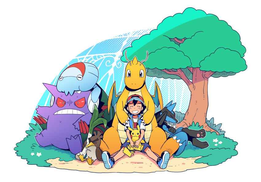 1boy ash_ketchum bangs baseball_cap black_hair blue_jacket closed_eyes commentary_request dododo_dadada dracovish dragonite galarian_farfetch'd galarian_form gen_1_pokemon gen_4_pokemon gen_8_pokemon gengar grass hat jacket lucario male_focus on_lap pikachu pokemon pokemon_(anime) pokemon_(creature) pokemon_on_lap pokemon_swsh_(anime) shirt shoes short_sleeves shorts sitting sleeveless sleeveless_jacket smile t-shirt teeth tree white_shirt