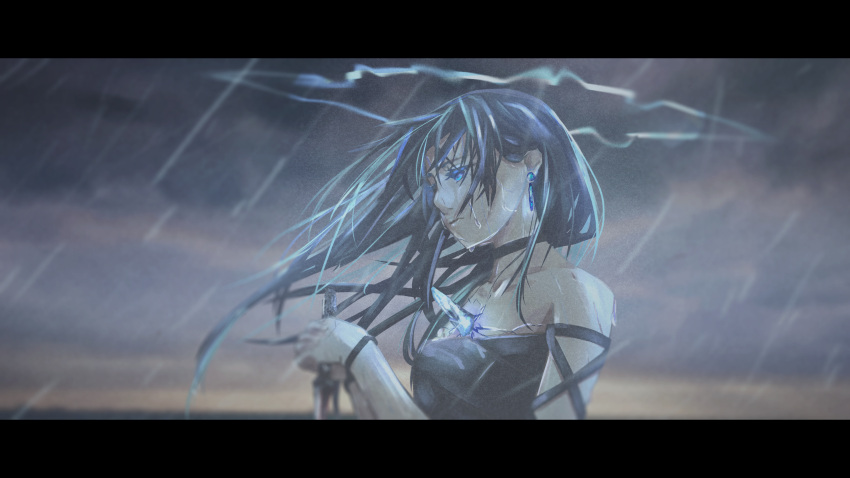 1girl absurdres bare_shoulders black_choker blue_eyes blue_hair bracelet choker closed_mouth clouds cloudy_sky collarbone crystal dagger dripping earrings electricity halo highres holding holding_dagger holding_weapon ishida_tatsuki jewelry long_hair off_shoulder original outdoors rain single_earring sky solo upper_body weapon wet