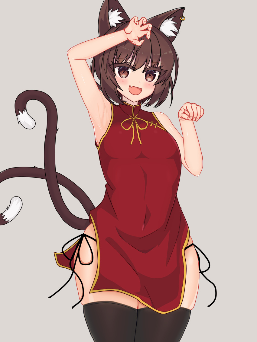 1girl :d absurdres alternate_costume alternate_eye_color animal_ear_fluff animal_ears arm_above_head armpits arms_up bare_arms black_legwear bob_cut brown_eyes brown_hair cat_ears cat_tail chen china_dress chinese_clothes claw_pose commentary cowboy_shot dress eyelashes fang grey_background highres jewelry looking_at_viewer multiple_tails ody_kishi open_mouth panties paw_pose red_dress short_hair side-tie_panties simple_background single_earring smile solo standing tail thigh-highs touhou underwear