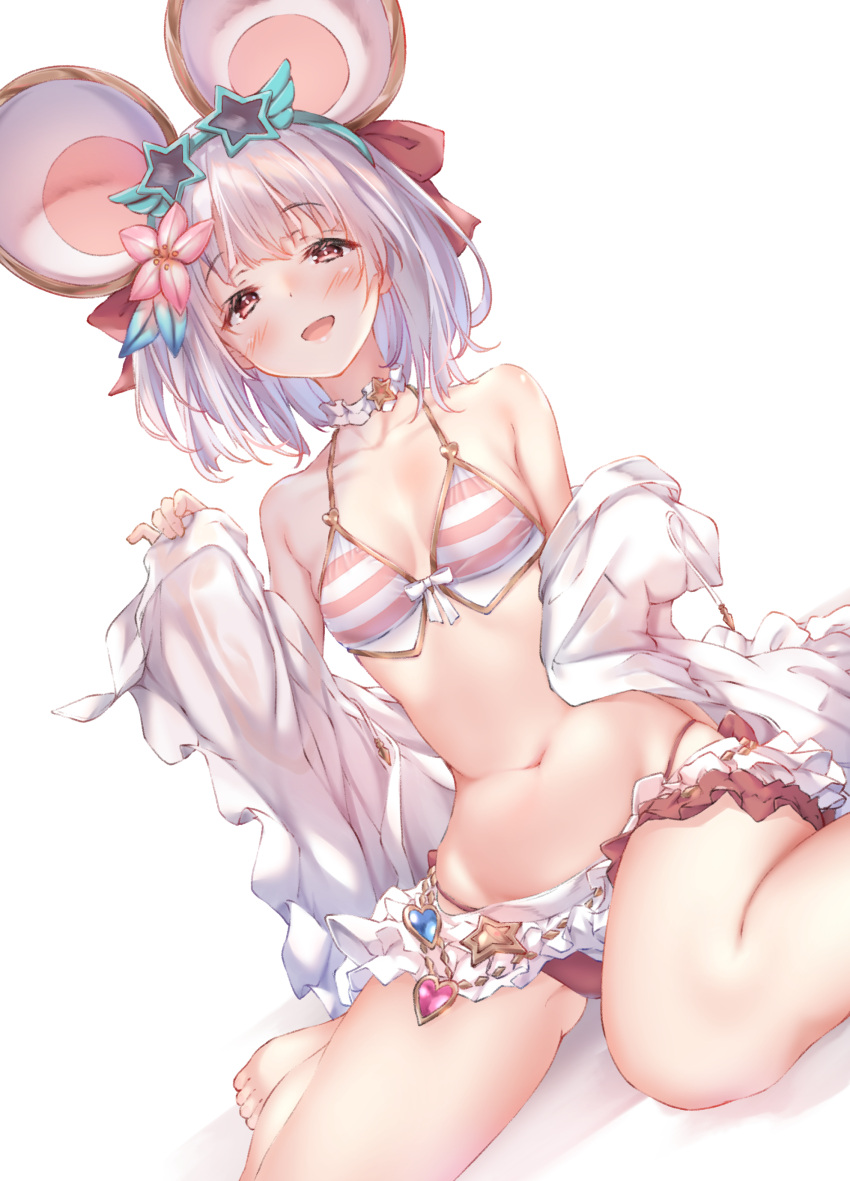 1girl absurdres animal_ears bangs barefoot bikini blunt_bangs blush breasts choker collarbone commentary_request eyebrows_visible_through_hair eyewear_on_head flower frilled_bikini frills granblue_fantasy hair_flower hair_ornament highres looking_at_viewer mouse_ears navel open_mouth red_eyes short_hair silver_hair simple_background sitting small_breasts smile solo star-shaped_eyewear stomach striped striped_bikini sunglasses swimsuit toes ukiwakisen vikala_(granblue_fantasy) wariza white_background white_choker