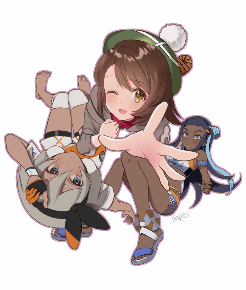 3girls armlet artist_name bangs barefoot bea_(pokemon) belly_chain bike_shorts black_bodysuit black_hair black_hairband blue_eyes blue_hair blush bob_cut bodysuit bodysuit_under_clothes bow_hairband brown_eyes brown_hair cardigan closed_mouth collared_dress commentary_request dark_skin dark-skinned_female dated dynamax_band earrings eyelashes gloria_(pokemon) gloves green_headwear grey_cardigan grey_eyes grey_hair gym_leader hair_bun hairband hat highres hoop_earrings jewelry knee_pads long_hair looking_at_viewer multicolored_hair multiple_girls nessa_(pokemon) number one_eye_closed partially_fingerless_gloves pokemon pokemon_(game) pokemon_swsh sandals seiru_(prairie) short_hair short_sleeves single_glove spread_fingers tam_o'_shanter toes two-tone_hair