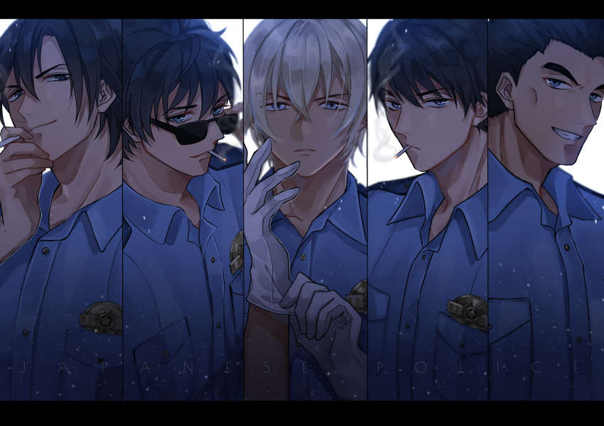 5boys absurdres adjusting_clothes adjusting_eyewear adjusting_gloves amuro_tooru bangs black_hair blonde_hair blue_eyes blue_shirt buttons chitose_(chitose_70207) cigarette closed_mouth column_lineup commentary_request date_wataru dress_shirt english_text gloves grin hagiwara_kenji hair_between_eyes hand_up highres holding holding_cigarette letterboxed looking_at_viewer male_focus matsuda_jinpei meitantei_conan mouth_hold multiple_boys parted_lips police police_uniform policeman scotch_(meitantei_conan) serious shirt short_hair smile smirk smoke smoking sunglasses teeth uniform upper_body white_background white_gloves