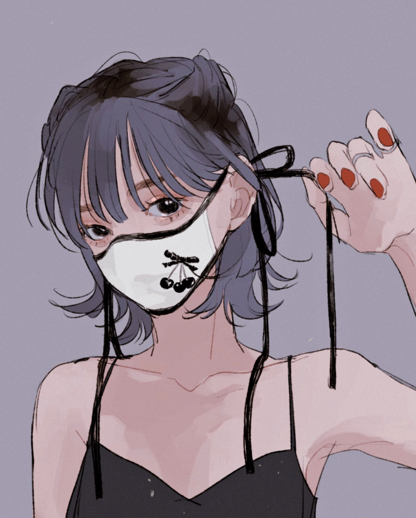 1girl bangs black_camisole black_eyes camisole grey_background grey_hair hand_up highres jewelry looking_at_viewer mask mouth_mask original red_nails ring short_hair simple_background solo tami_moon white_mask