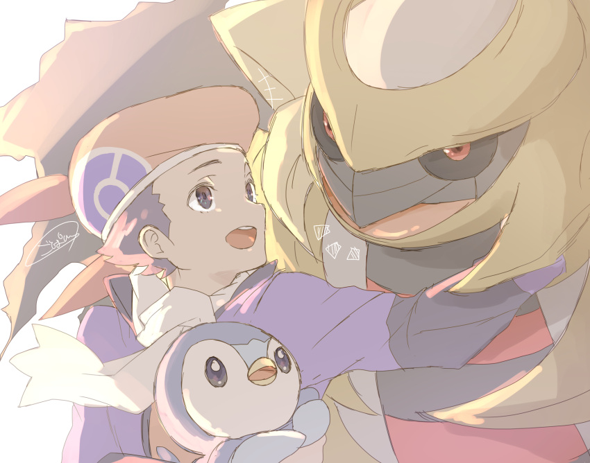 1boy commentary floating_scarf gen_4_pokemon giratina gopan_(pkghnman) grey_eyes grey_hair hat highres jacket legendary_pokemon long_sleeves lucas_(pokemon) male_focus open_mouth piplup pokemon pokemon_(creature) pokemon_(game) pokemon_dppt pokemon_platinum purple_jacket scarf short_hair signature smile starter_pokemon teeth tongue upper_body white_scarf