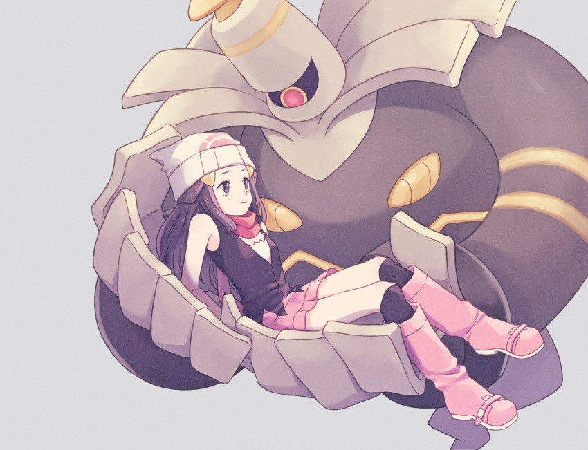 1girl bare_arms beanie boots carrying closed_mouth commentary_request hikari_(pokemon) dusknoir eyelashes gen_4_pokemon grey_background grey_eyes hair_ornament hairclip hat highres knees komasawa_(fmn-ppp) long_hair over-kneehighs pink_footwear pokemon pokemon_(creature) pokemon_(game) pokemon_dppt scarf sidelocks simple_background thigh-highs white_headwear