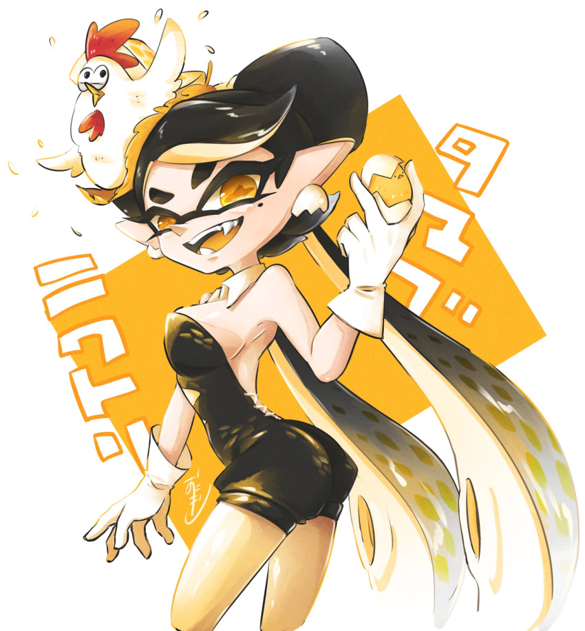 +_+ 1girl animal_on_head artist_name bangs bird black_jumpsuit callie_(splatoon) chicken collar colored_tongue cowboy_shot detached_collar domino_mask earrings fangs food food_on_head highres holding holding_food jewelry long_hair looking_at_viewer mask medium_hair mole mole_under_eye object_on_head okome_2g2g on_head open_mouth pantyhose pointy_ears short_jumpsuit signature smile splatoon_(series) splatoon_1 standing swept_bangs symbol_commentary tentacle_hair tied_hair translated very_long_hair white_collar yellow_eyes yellow_legwear yellow_theme yellow_tongue