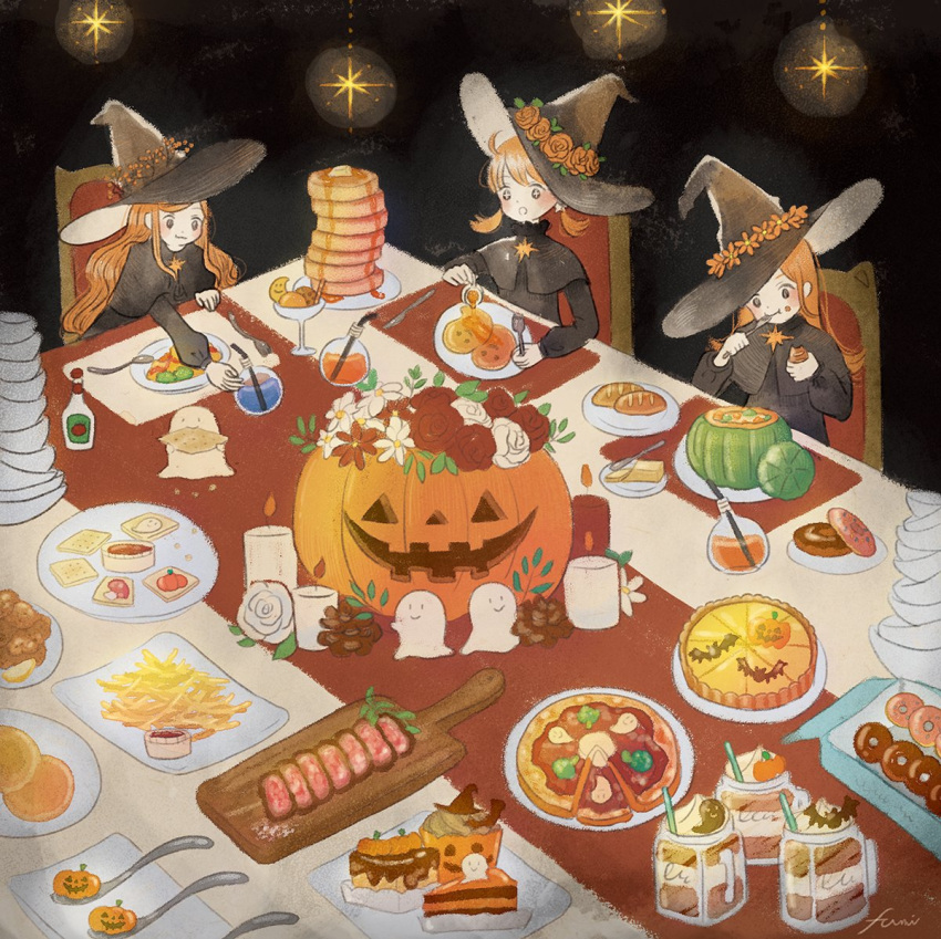 3girls black_headwear bread butter candle doughnut flower food french_fries fumi_futamori hat hat_flower jack-o'-lantern leaf long_hair meat multiple_girls orange_hair original pancake pizza plate red_flower red_rose rose signature smile spoon stack_of_pancakes twintails white_flower white_rose witch witch_hat