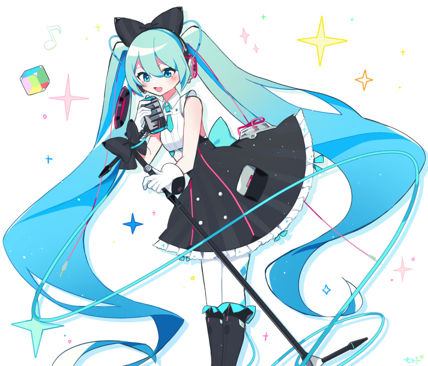 1girl aqua_eyes aqua_hair argyle_print bare_shoulders black_bow black_footwear black_skirt boots bow cable commentary cowboy_shot cube eighth_note frilled_skirt frills gloves hair_bow hatsune_miku headphones highres holding holding_microphone holding_microphone_stand hoop_skirt knee_boots leaning_forward long_hair magical_mirai_(vocaloid) makuhari-chan microphone microphone_stand monitaros_393 musical_note open_mouth shirt skirt sleeveless sleeveless_shirt smile solo sparkle twintails very_long_hair vocaloid white_background white_gloves white_legwear white_shirt