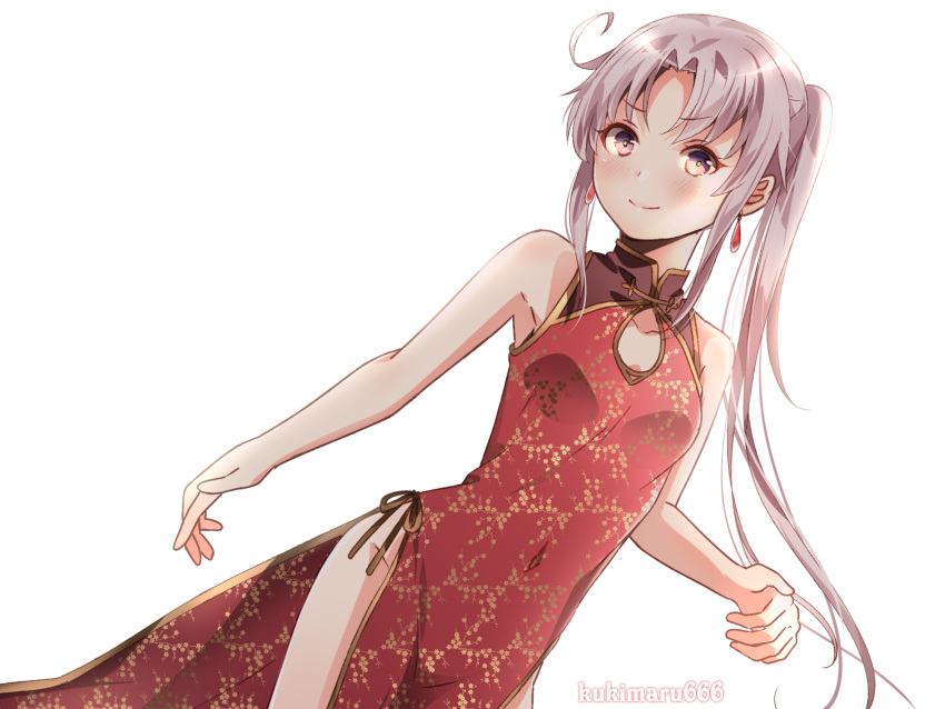 1girl akitsushima_(kantai_collection) alternate_costume breasts china_dress chinese_clothes cowboy_shot dress earrings floral_print grey_hair hair_ornament highres jewelry kantai_collection kukimaru lips lipstick long_hair looking_at_viewer makeup purple_hair red_dress side_ponytail simple_background sleeveless small_breasts solo twitter_username violet_eyes white_background