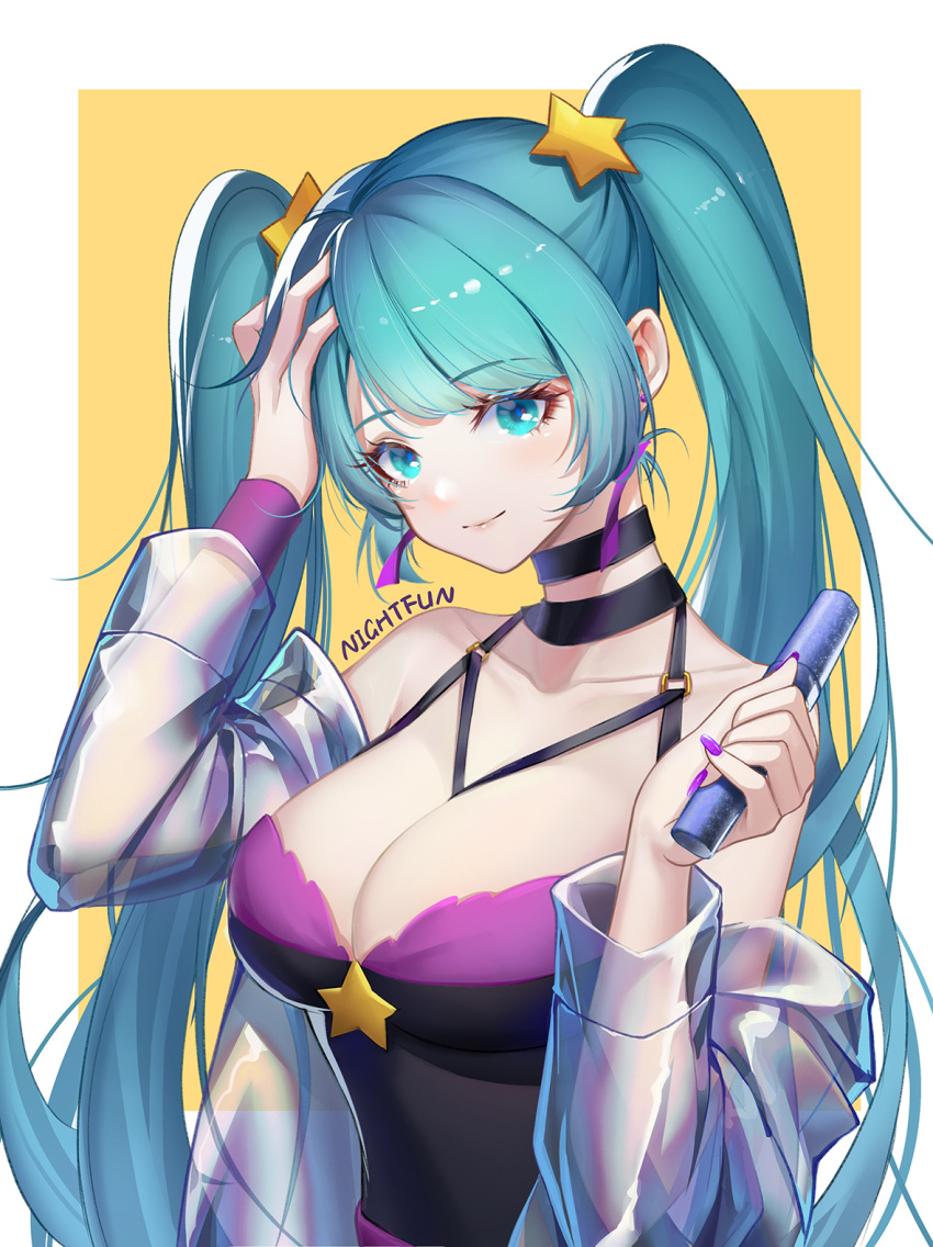 1girl artist_name bare_shoulders black_choker blue_eyes blue_hair breasts choker earrings hair_ornament hand_on_own_head highres holding jewelry large_breasts league_of_legends looking_at_viewer nail_polish see-through smile sona_buvelle star_(symbol) star_hair_ornament wristband yellow_background